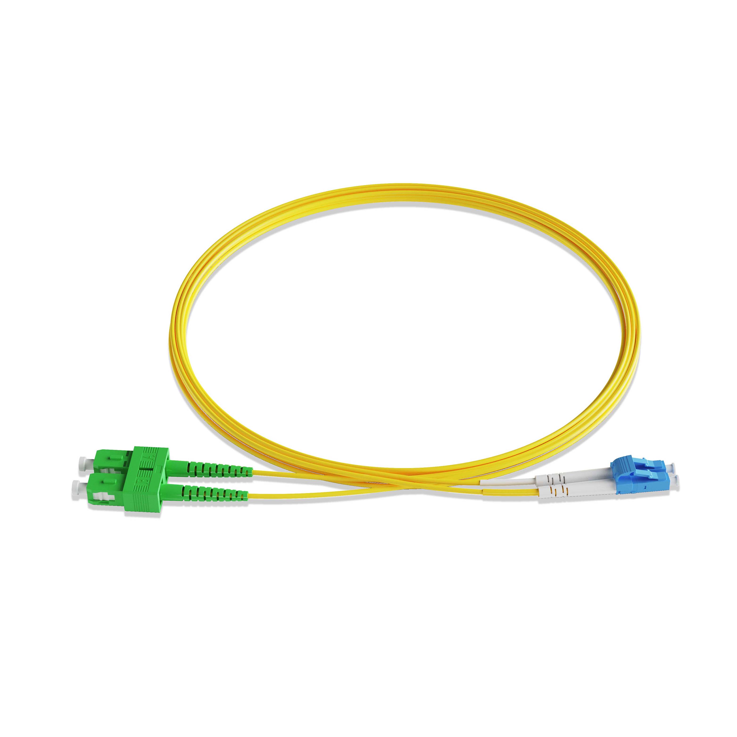 1m 3ft Fiber Patch Cable 2 Fibers LC UPC Duplex to SC APC Duplex Singlemode OS2 Riser OFNR  2.0mm Yellow