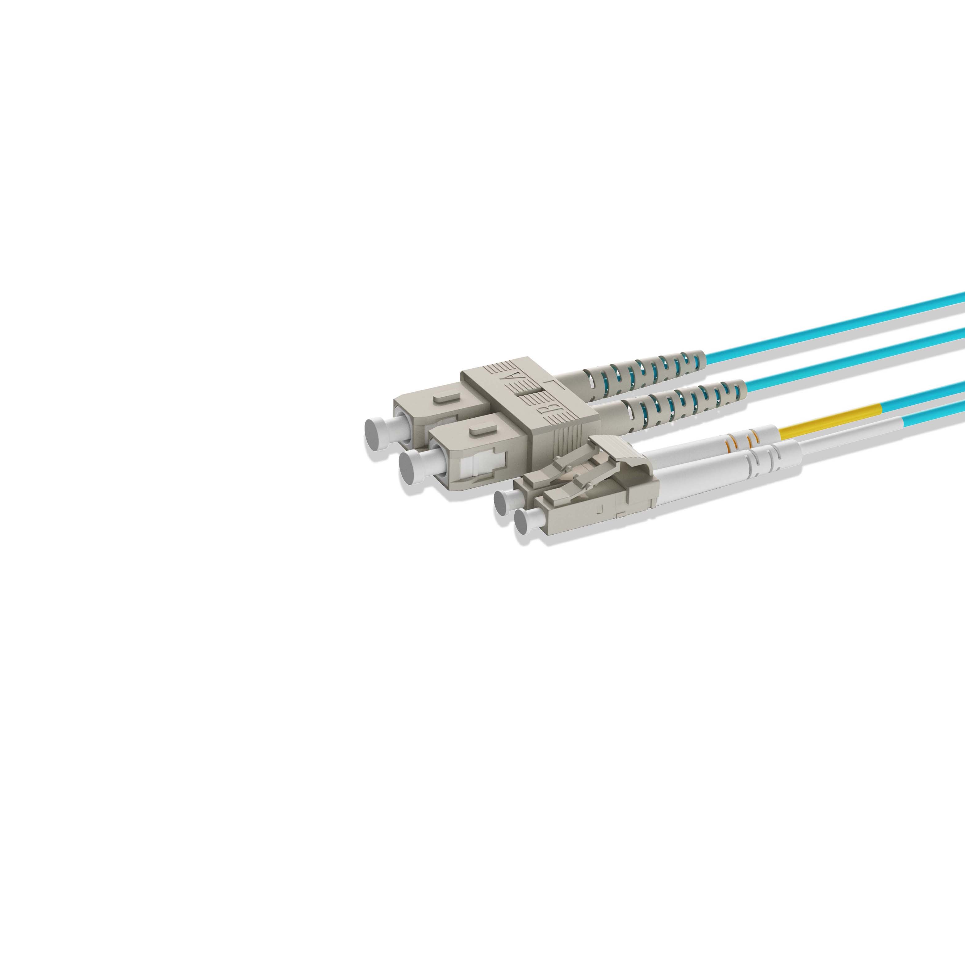 1m 3ft Fiber Patch Cable 2 Fibers LC UPC Duplex to SC UPC Duplex  Multimode OM4 Riser OFNR  2.0mm Aqua