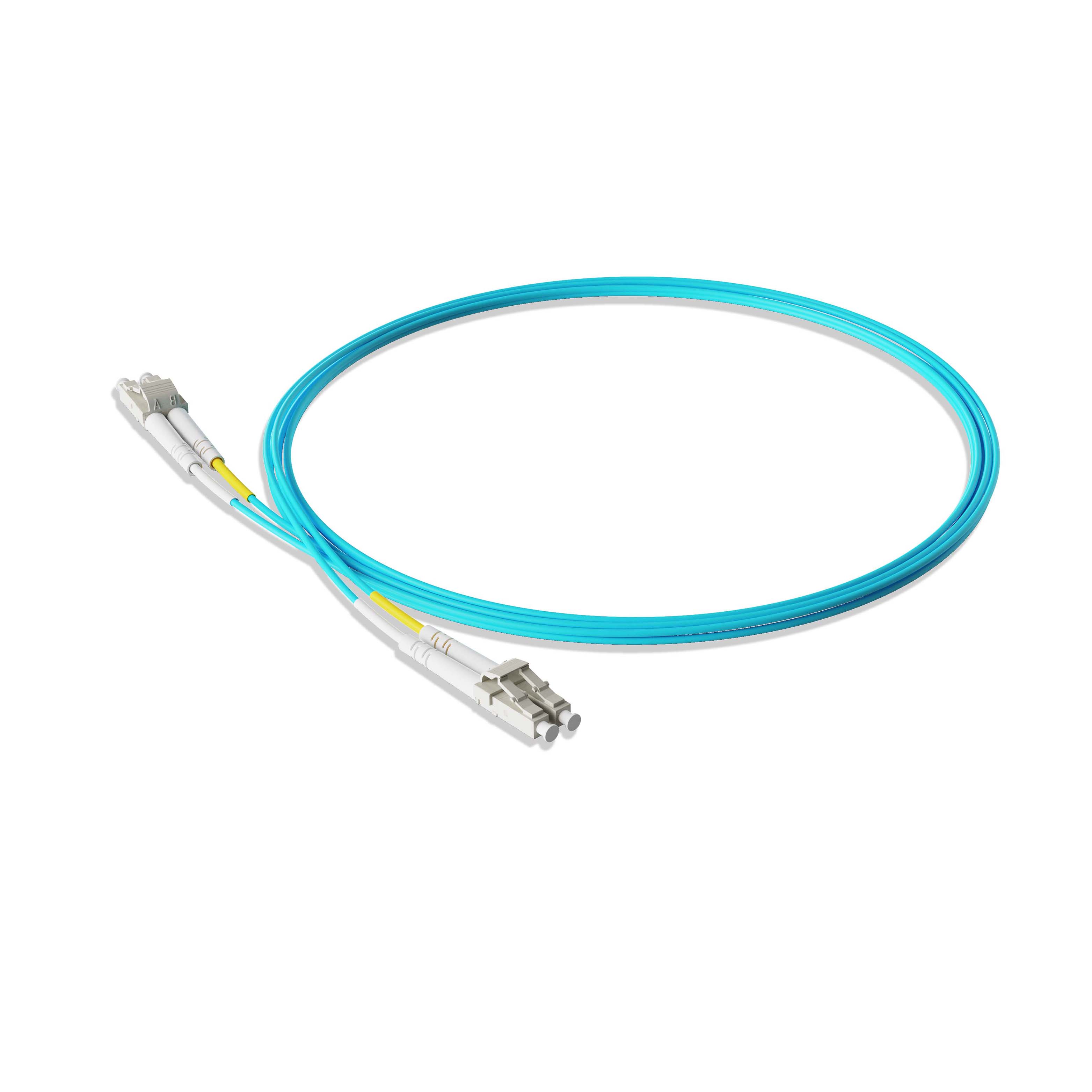 1m 3ft Fiber Patch Cable 2 Fibers LC UPC Duplex to LC UPC Duplex  Multimode OM3 Riser OFNR  2.0mm Aqua