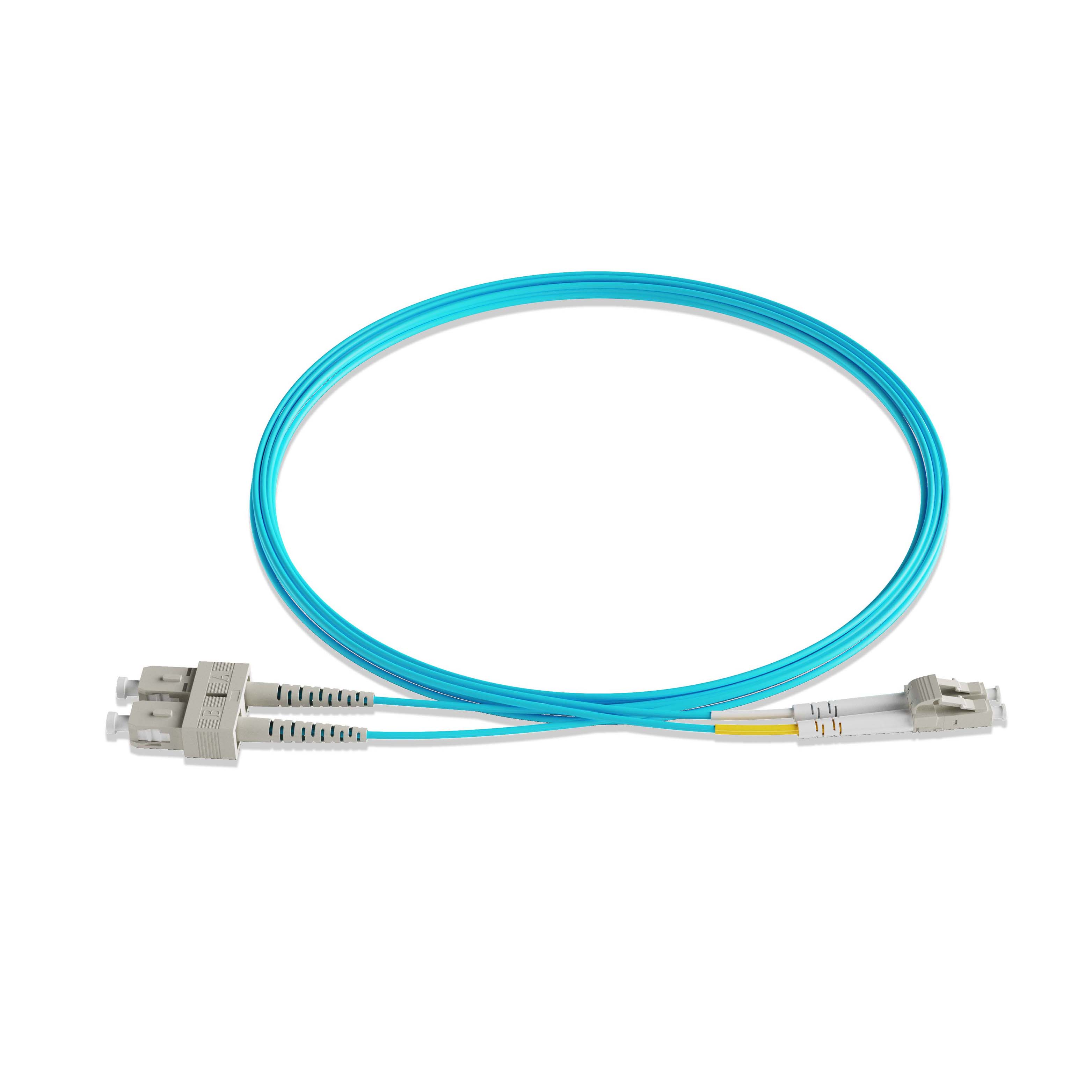 1m 3ft Fiber Patch Cable 2 Fibers LC UPC Duplex to SC UPC Duplex  Multimode OM4 Riser OFNR  2.0mm Aqua
