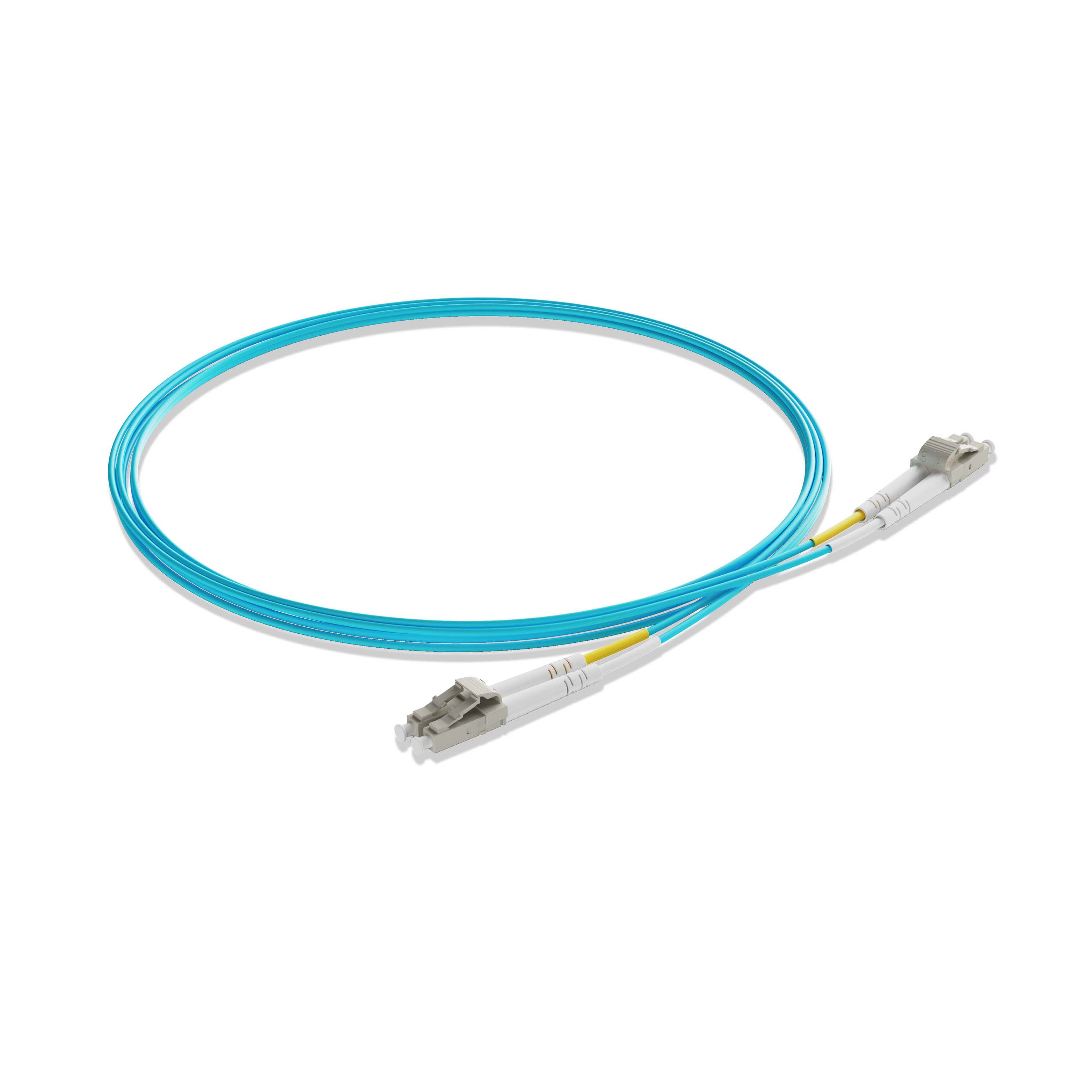 1m 3ft Fiber Patch Cable 2 Fibers LC UPC Duplex to LC UPC Duplex  Multimode OM3 Riser OFNR  2.0mm Aqua