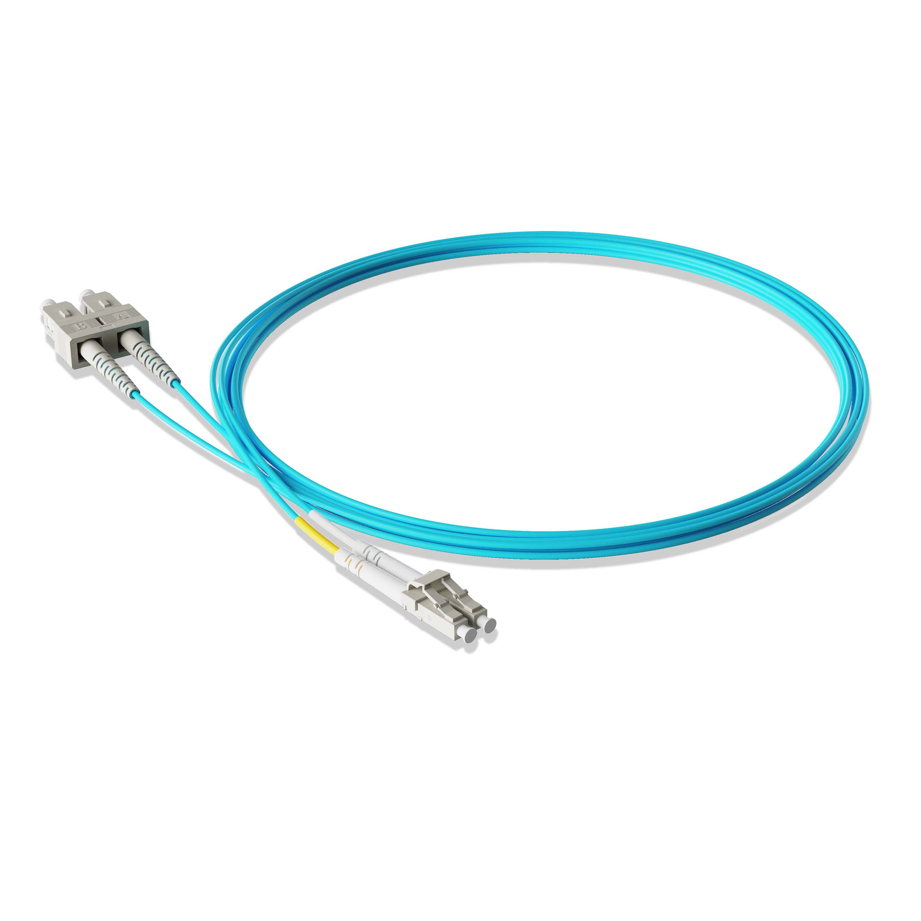 1m 3ft Fiber Patch Cable 2 Fibers LC UPC Duplex to SC UPC Duplex  Multimode OM3 Riser OFNR  2.0mm Aqua