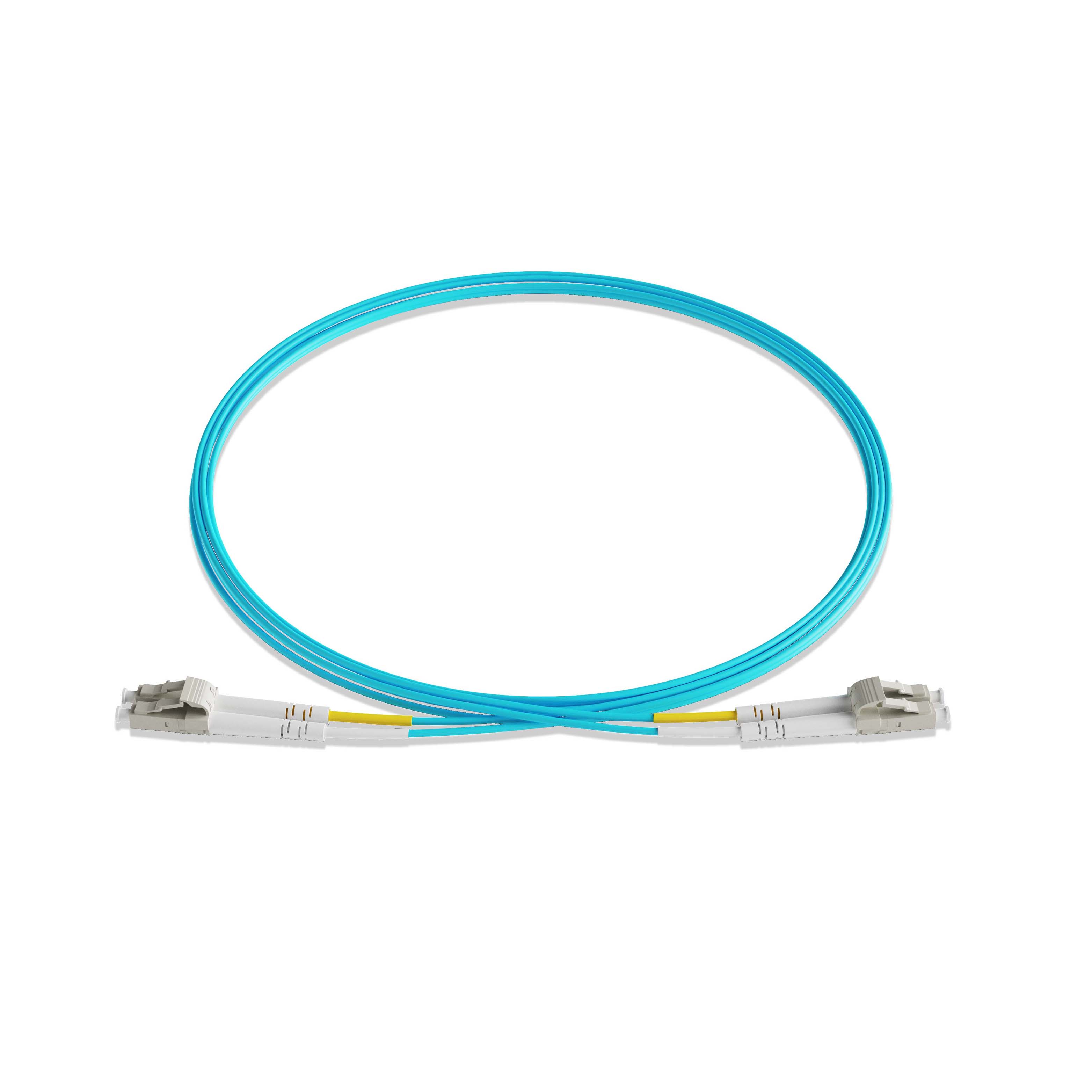 1m 3ft Fiber Patch Cable 2 Fibers LC UPC Duplex to LC UPC Duplex  Multimode OM3 Riser OFNR  2.0mm Aqua