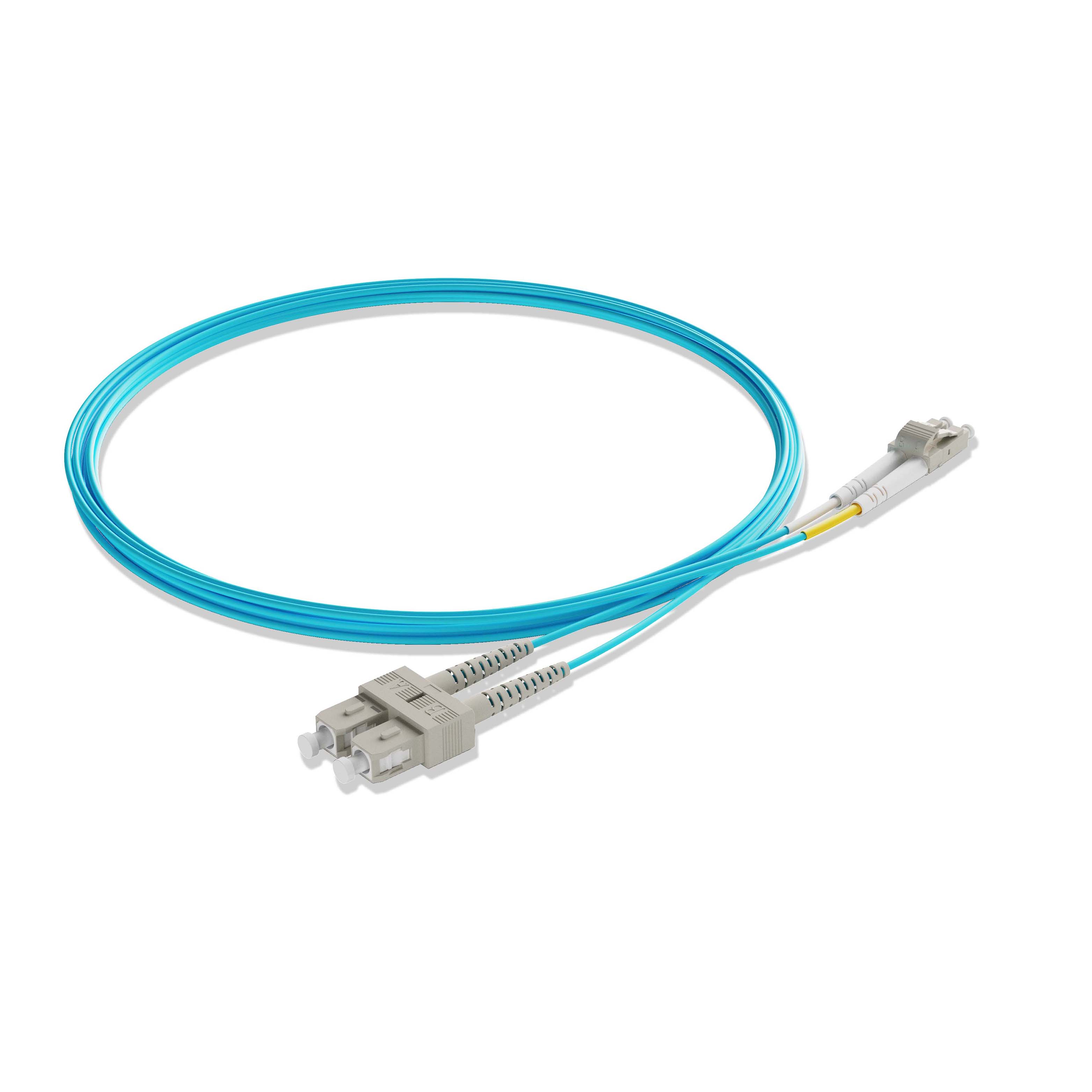 1m 3ft Fiber Patch Cable 2 Fibers LC UPC Duplex to SC UPC Duplex  Multimode OM4 Riser OFNR  2.0mm Aqua