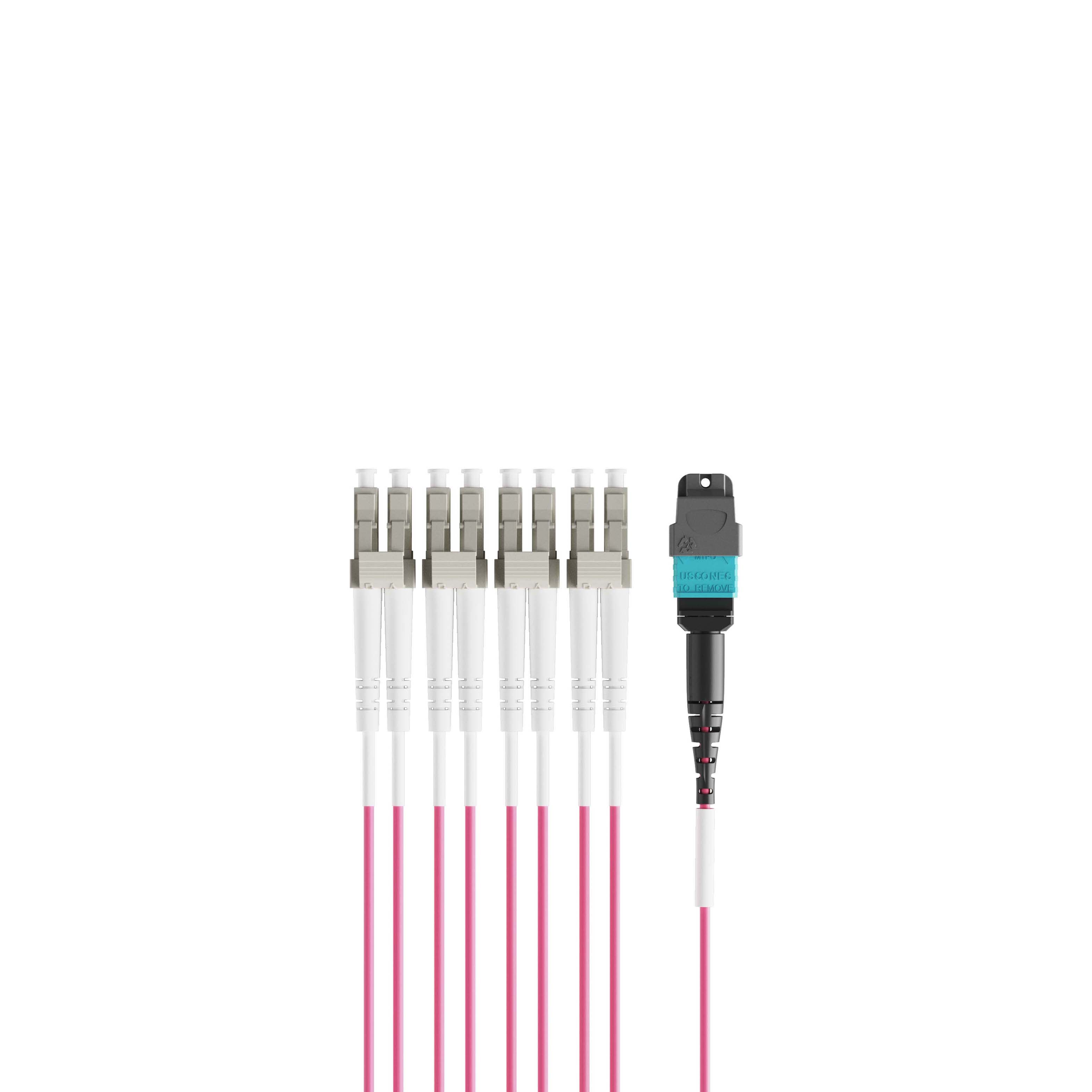 1m 3ft MTP Breakout Harness 8 Fibers MTP-8 UPC Female to 4xLC UPC Duplex Multimode OM4 Plenum OFNP 0.35dB Max Type B Magenta