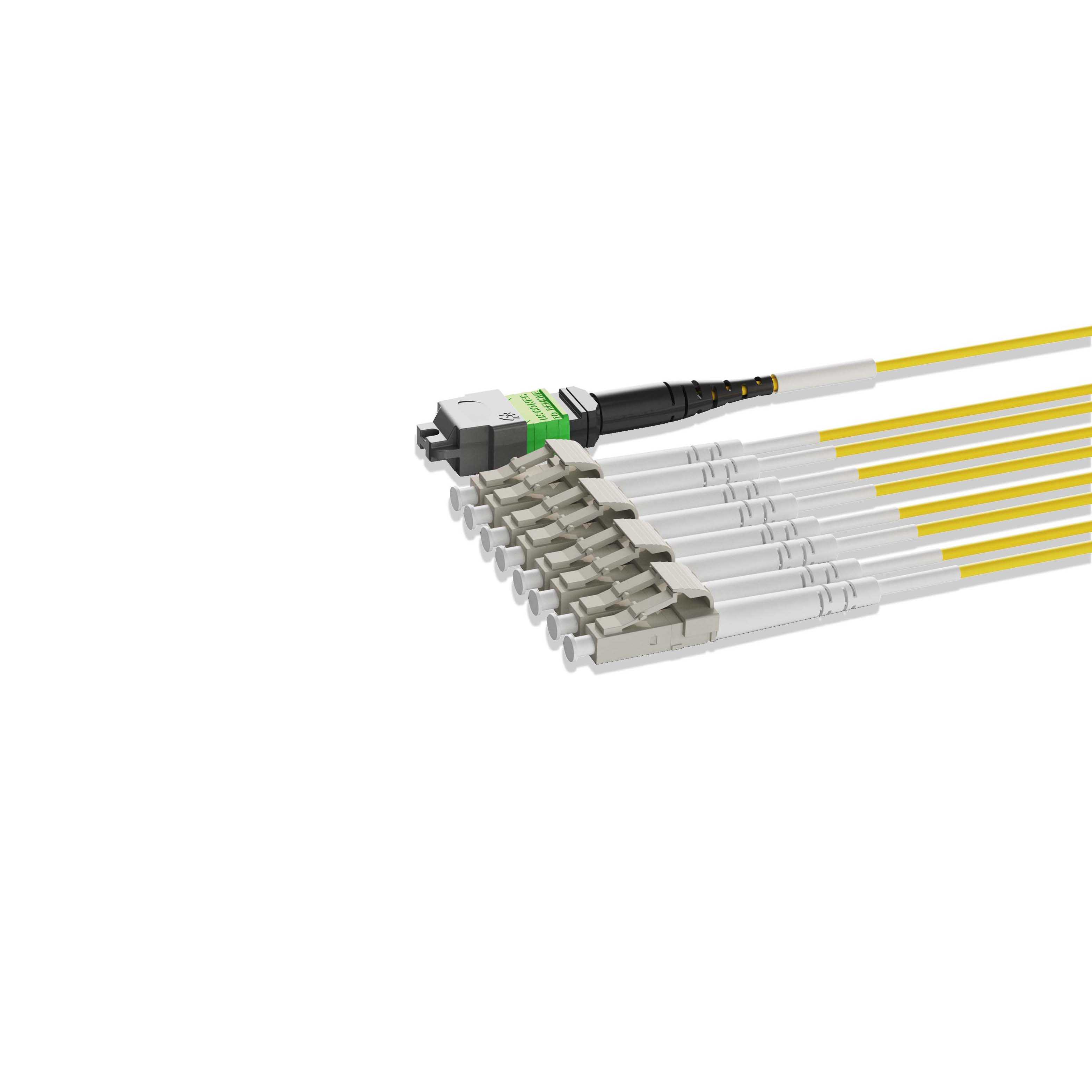 1m 3ft MTP Breakout Harness 8 Fibers MTP-8 APC Female to 4xLC UPC Duplex Singlemode OS2 Plenum OFNP 0.35dB Max Type B Yellow