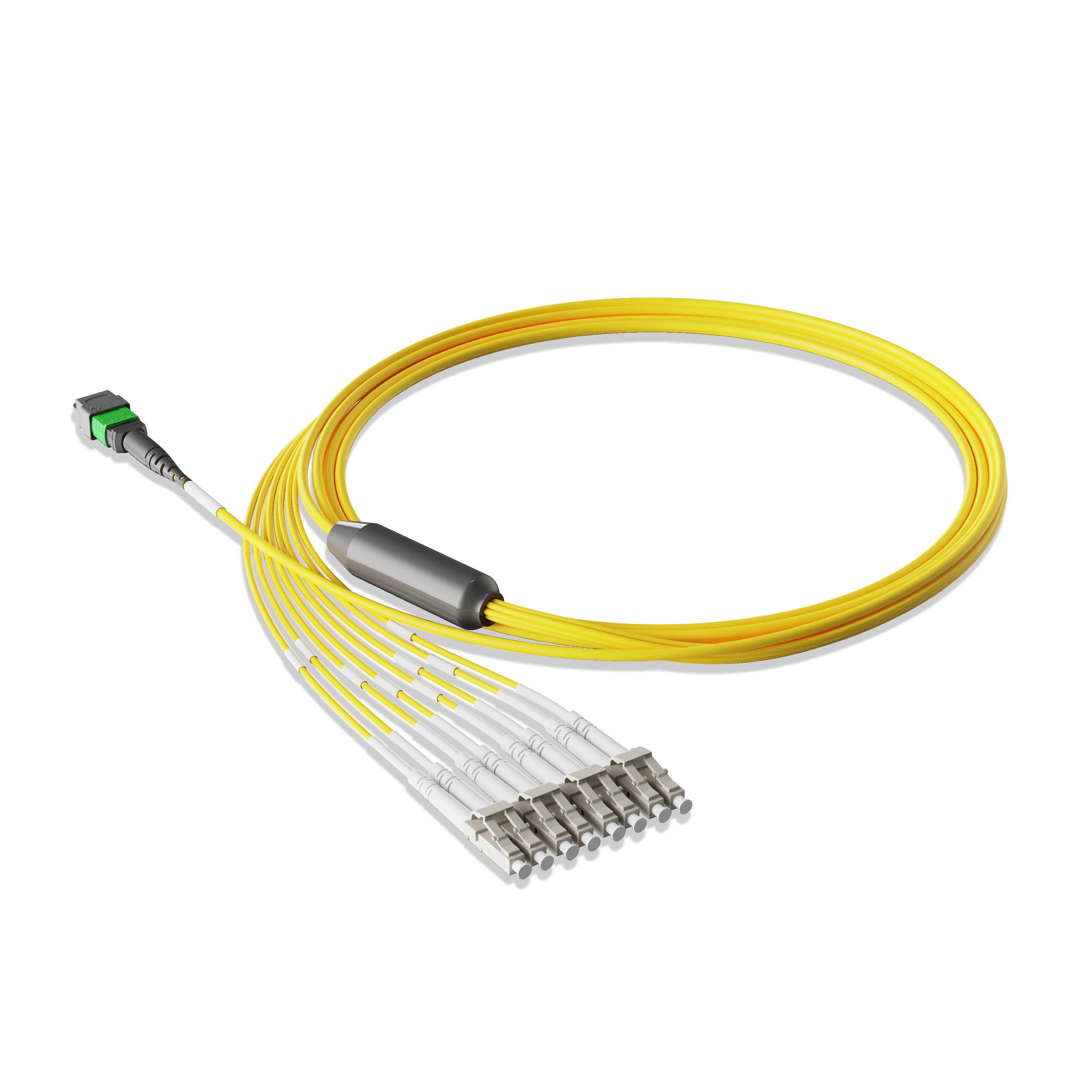 1m 3ft MTP Breakout Harness 8 Fibers MTP-8 APC Female to 4xLC UPC Duplex Singlemode OS2 Plenum OFNP 0.35dB Max Type B Yellow
