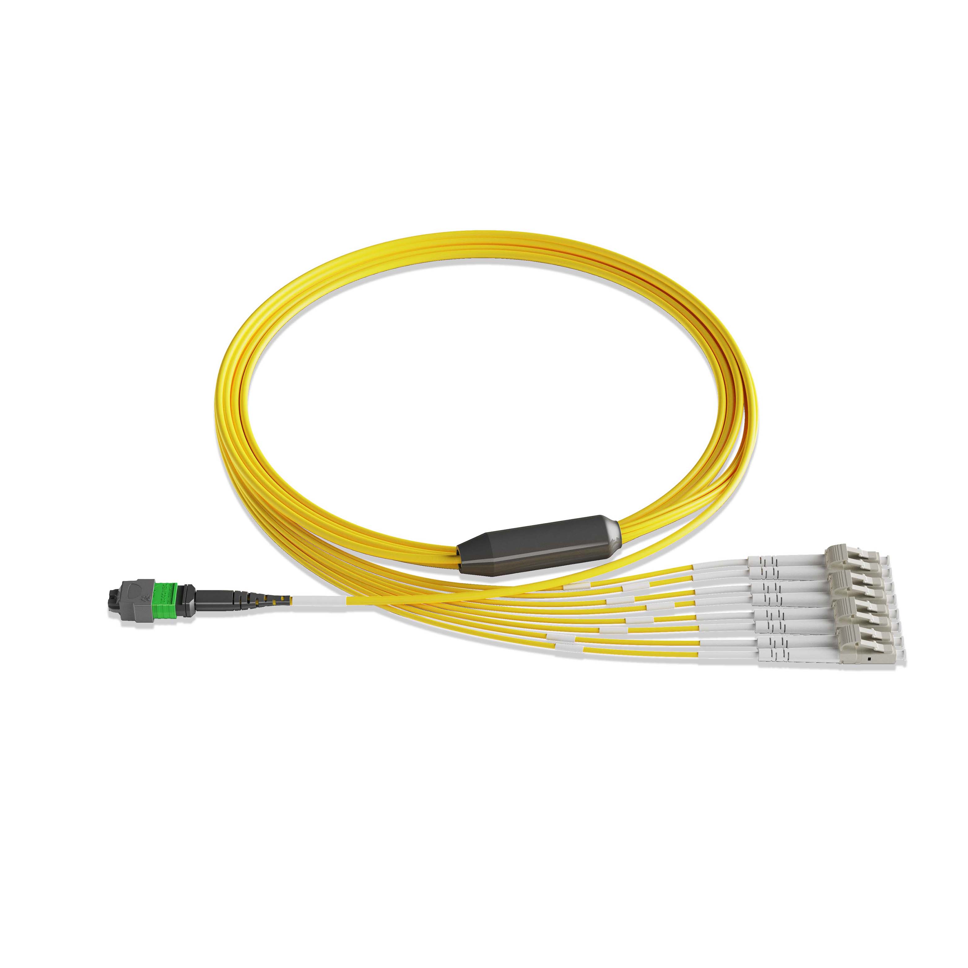1m 3ft MPO Breakout Harness 8 Fibers MPO-8 APC Female to 4xLC UPC Duplex Singlemode OS2 Plenum OFNP 0.35dB Max Type B Yellow