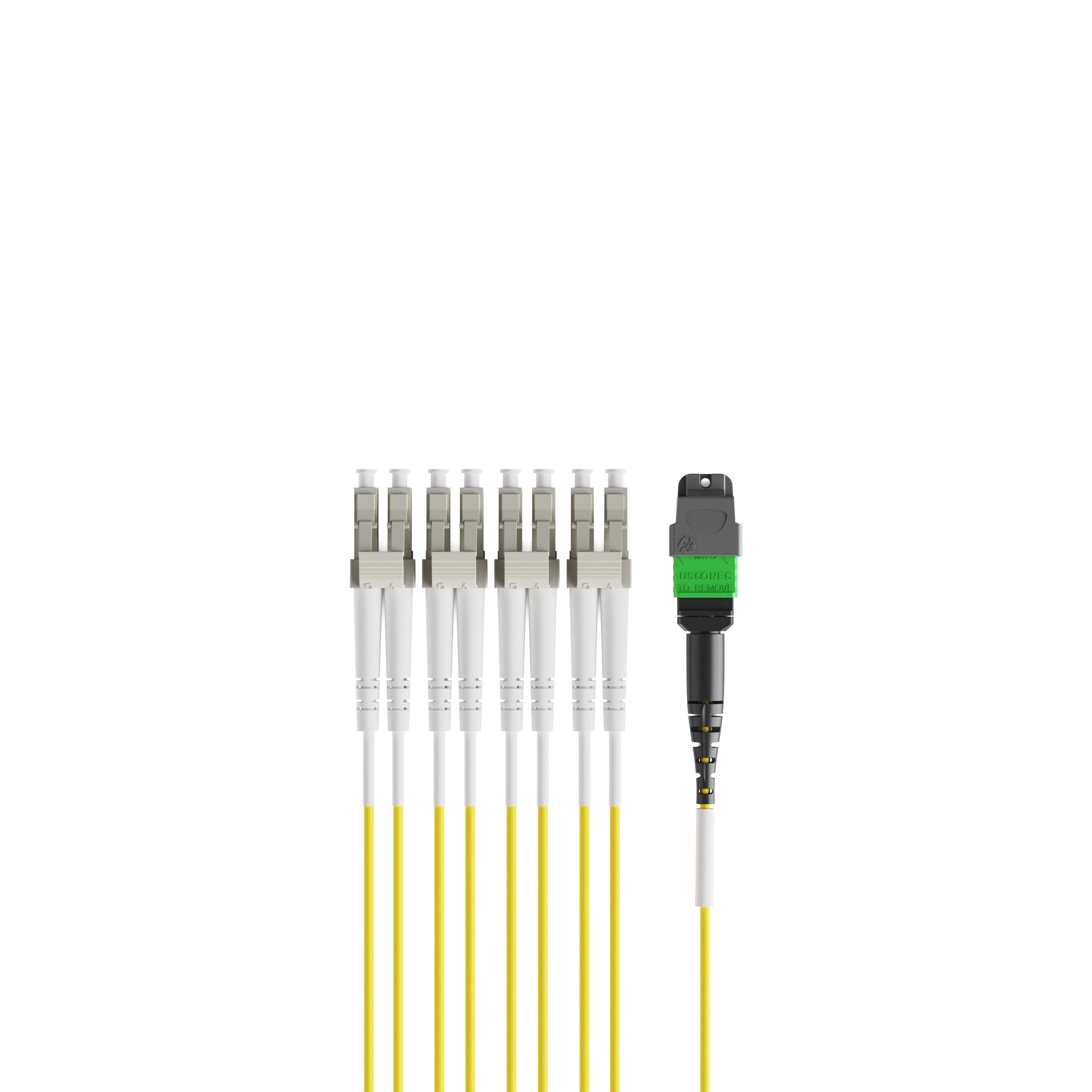 1m 3ft MTP Breakout Harness 8 Fibers MTP-8 APC Female to 4xLC UPC Duplex Singlemode OS2 Plenum OFNP 0.35dB Max Type B Yellow