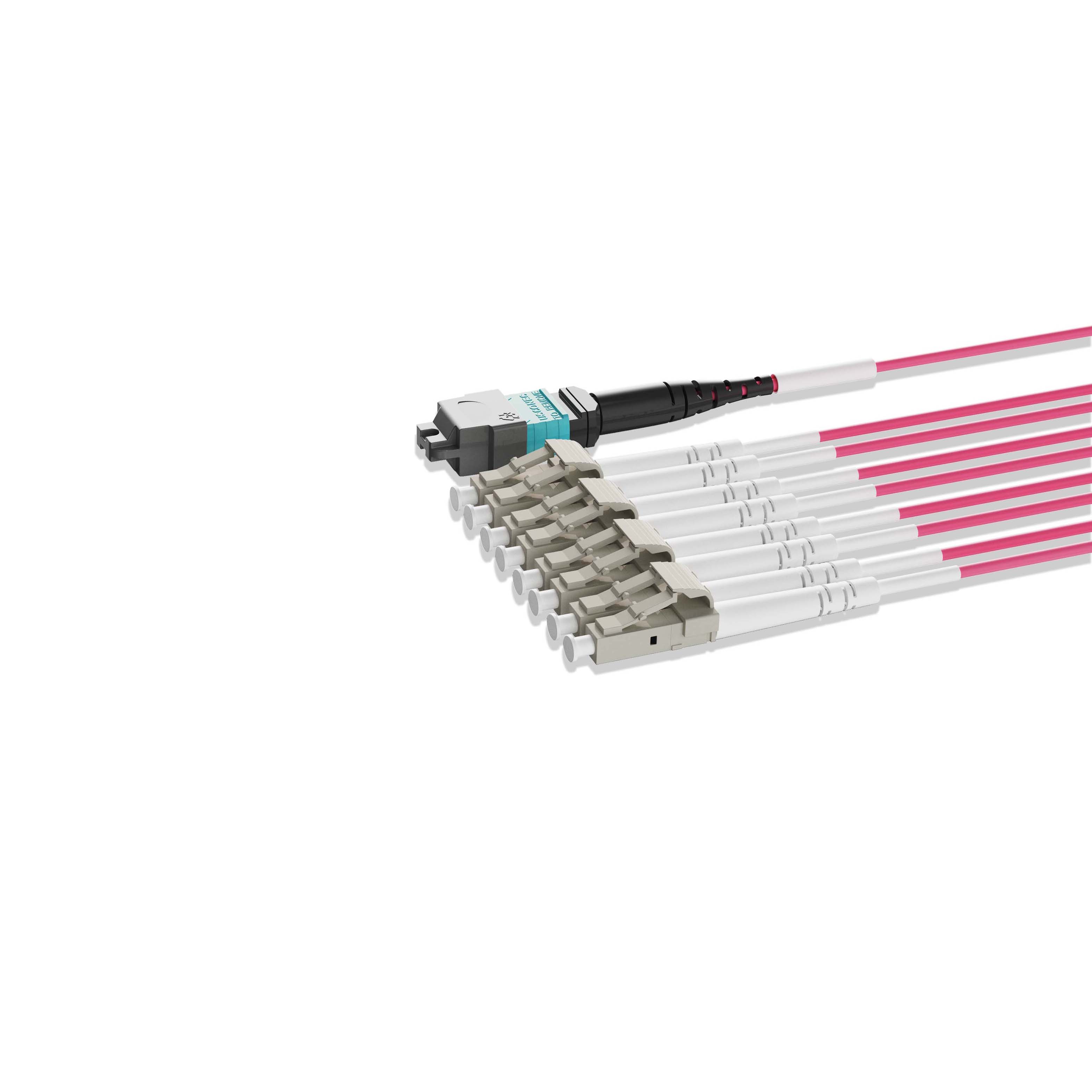 1m 3ft MTP Breakout Harness 8 Fibers MTP-8 UPC Female to 4xLC UPC Duplex Multimode OM4 Plenum OFNP 0.35dB Max Type B Magenta