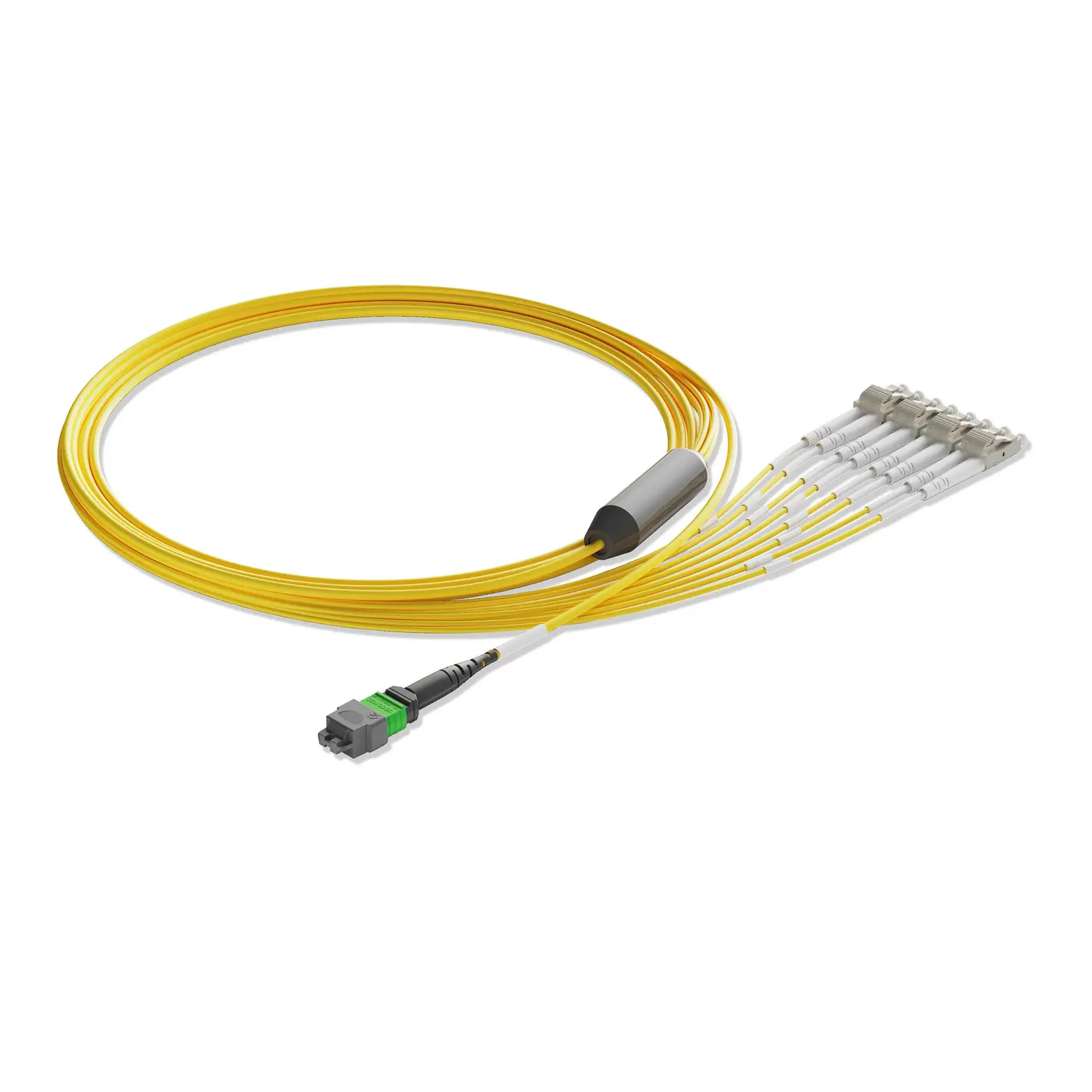 2m 7ft MTP Breakout Harness 8 Fibers MTP-8 APC Female to 4xLC UPC Duplex Singlemode OS2 Plenum OFNP 0.35dB Max Type B Yellow